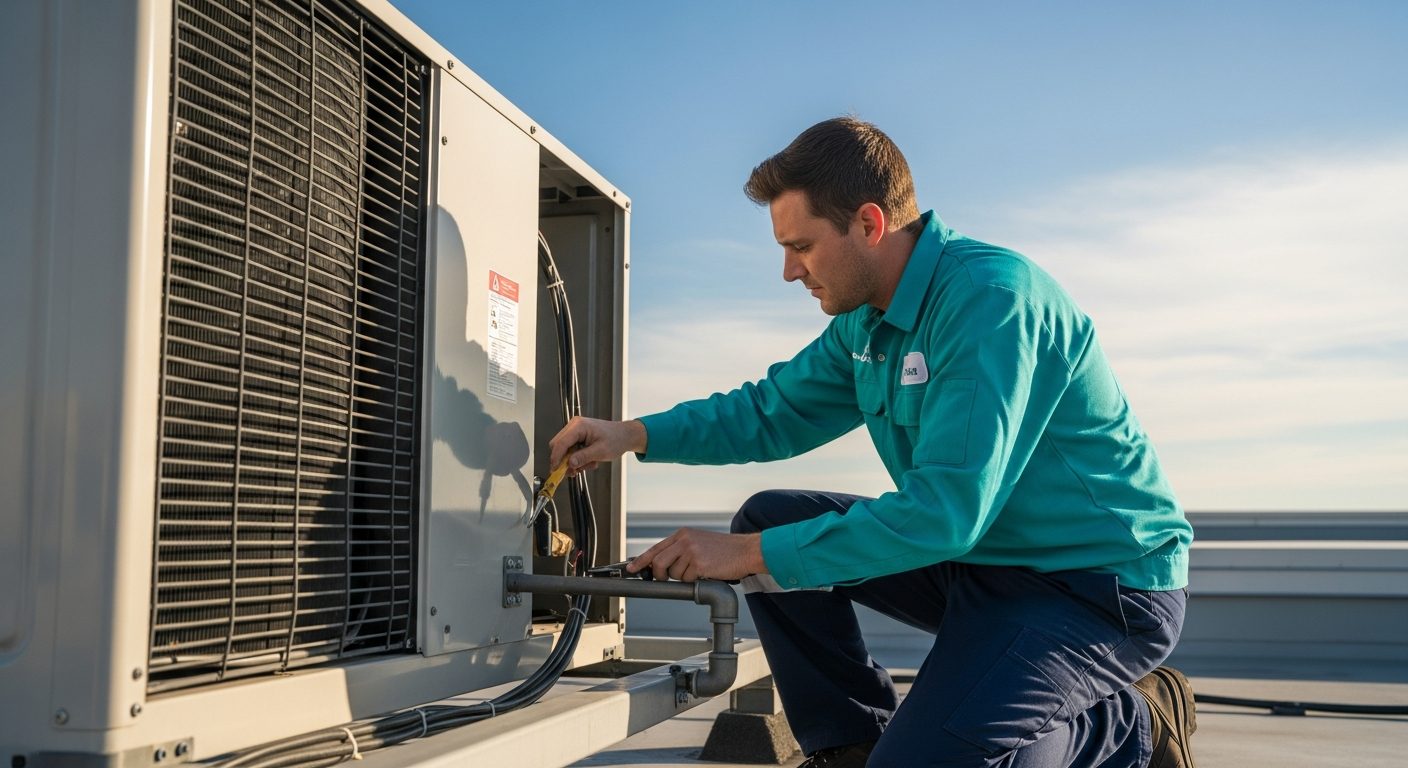 Bridgepoint HVAC technician servicing rooftop condenser
