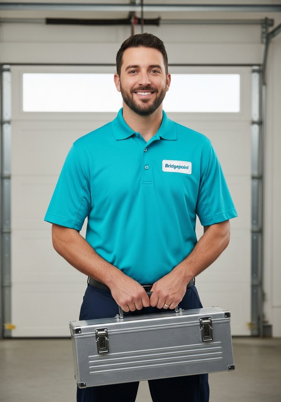 Bridgepoint technician in cyan uniform with toolbox