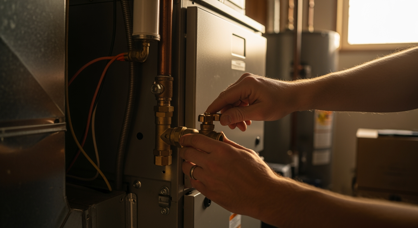Residential furnace being serviced with a technician's hands turning a valve in soft natural light