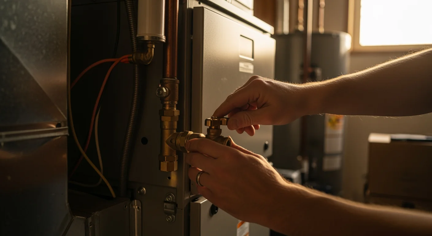 Residential furnace being serviced with a technician's hands turning a valve in soft natural light