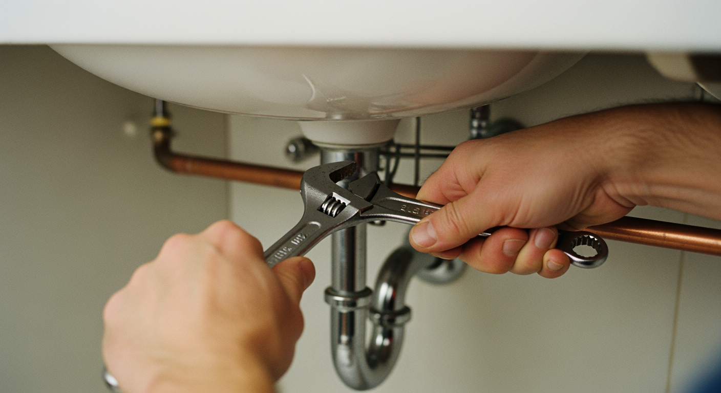 A plumber's hand turning a wrench on copper pipework under a residential bathroom sink