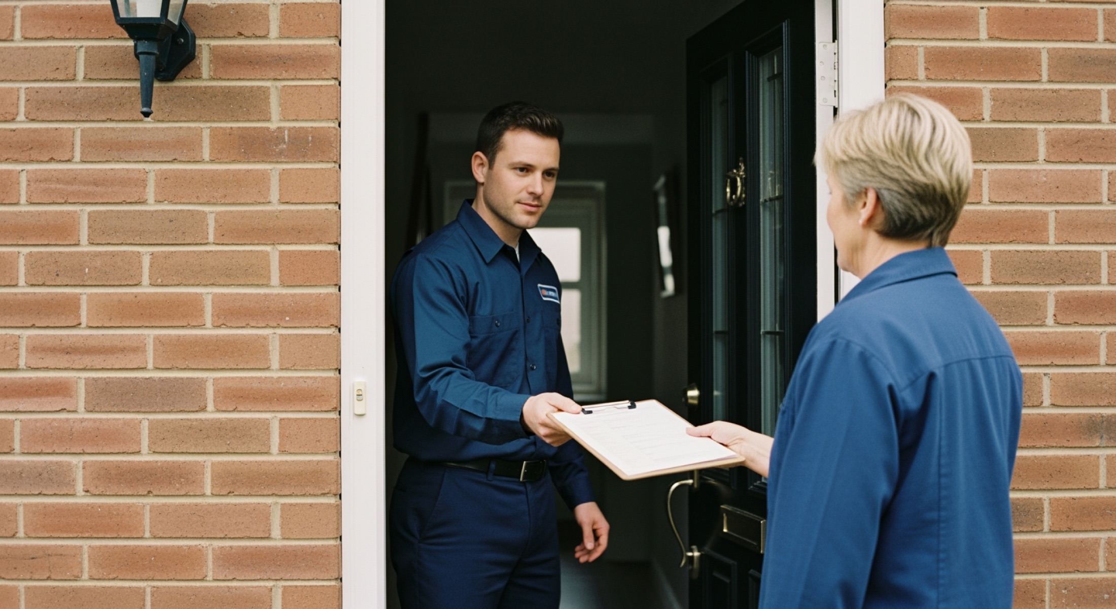 Bridgepoint technician handing a clipboard to a homeowner at a residential front door