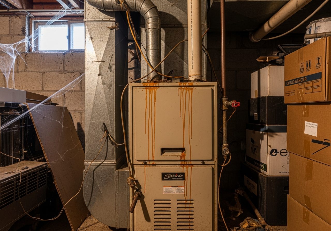 Old worn residential furnace before replacement