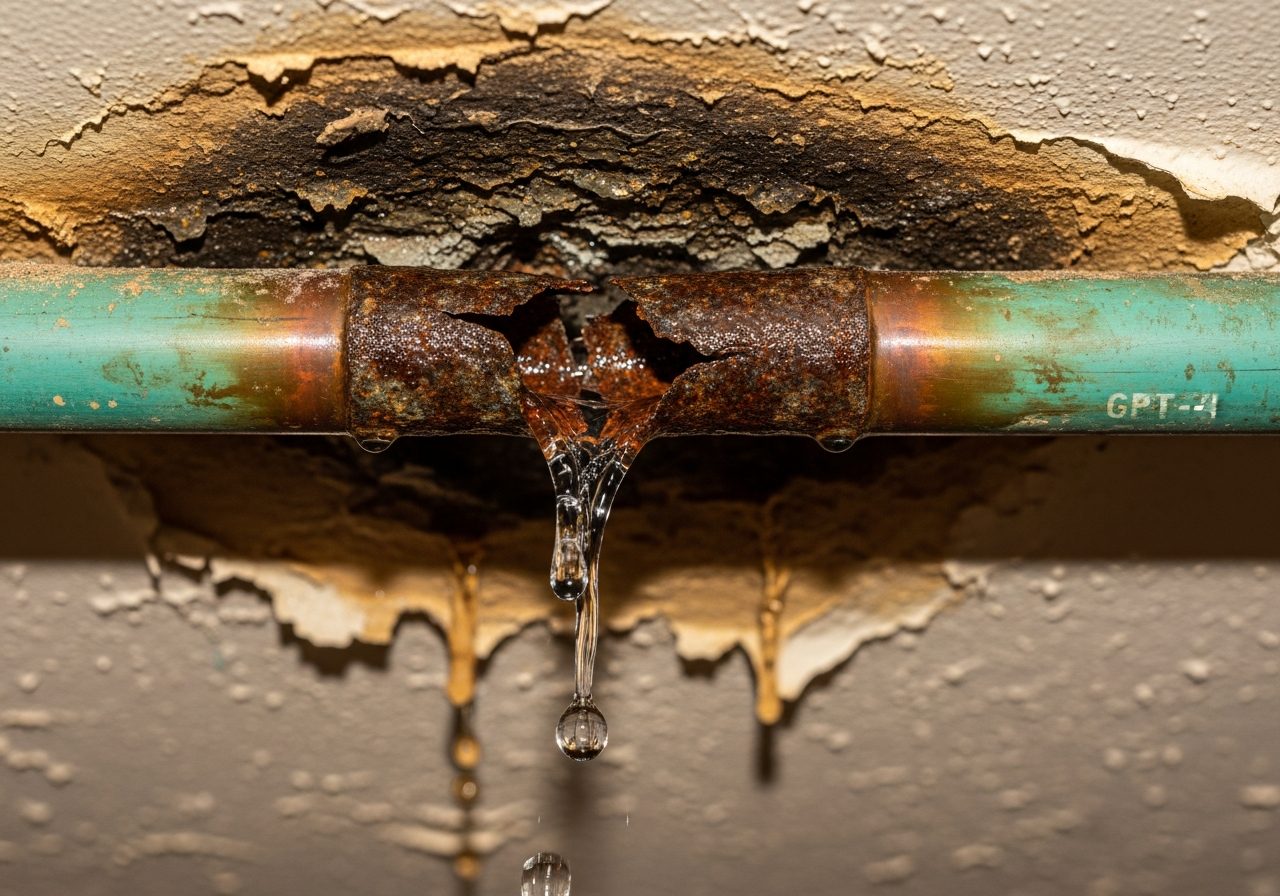 Corroded copper pipe with active water leak and ceiling damage from a burst-pipe incident