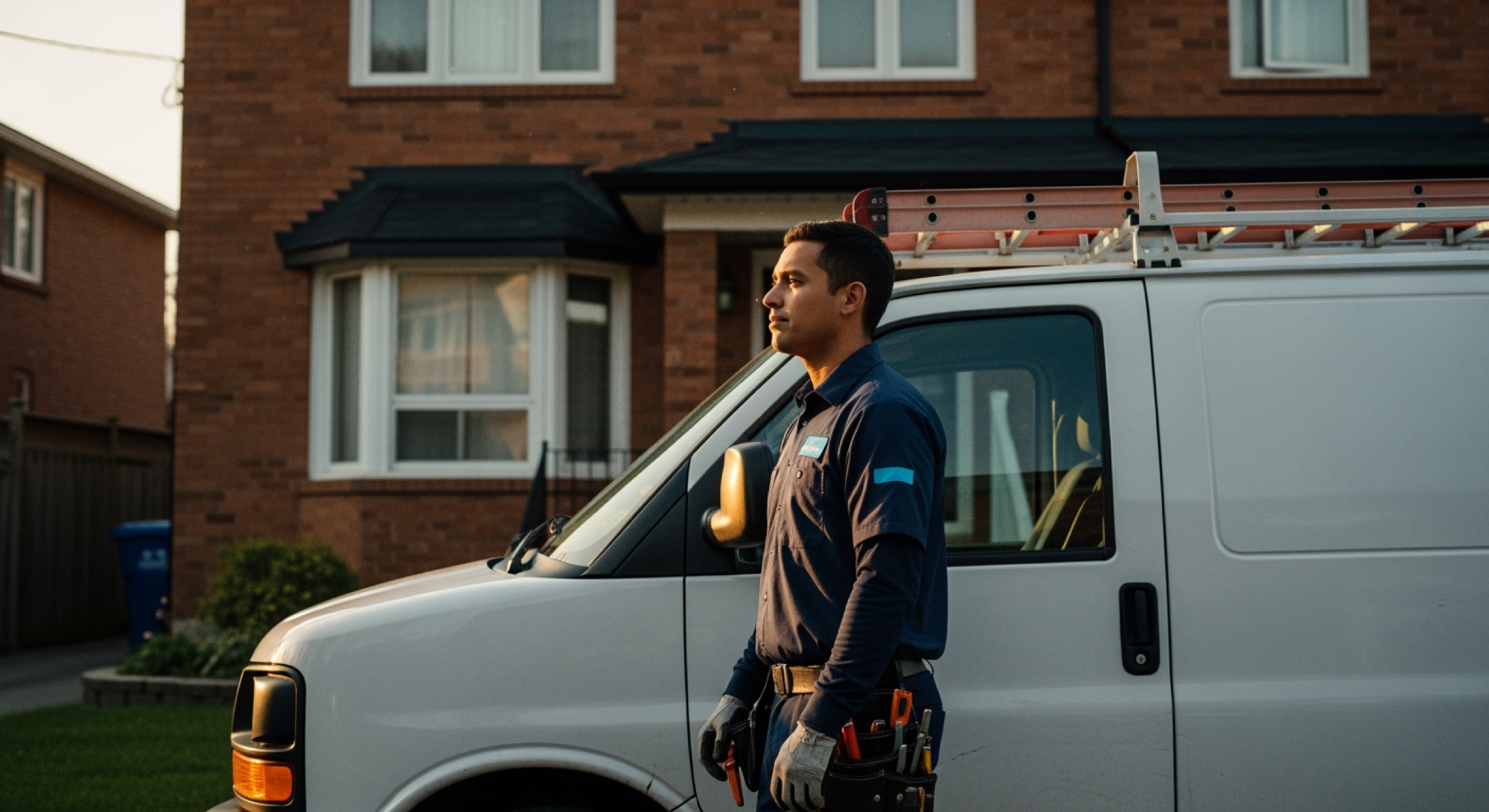 Bridgepoint service technician beside a service van in front of a Toronto residential home at golden hour