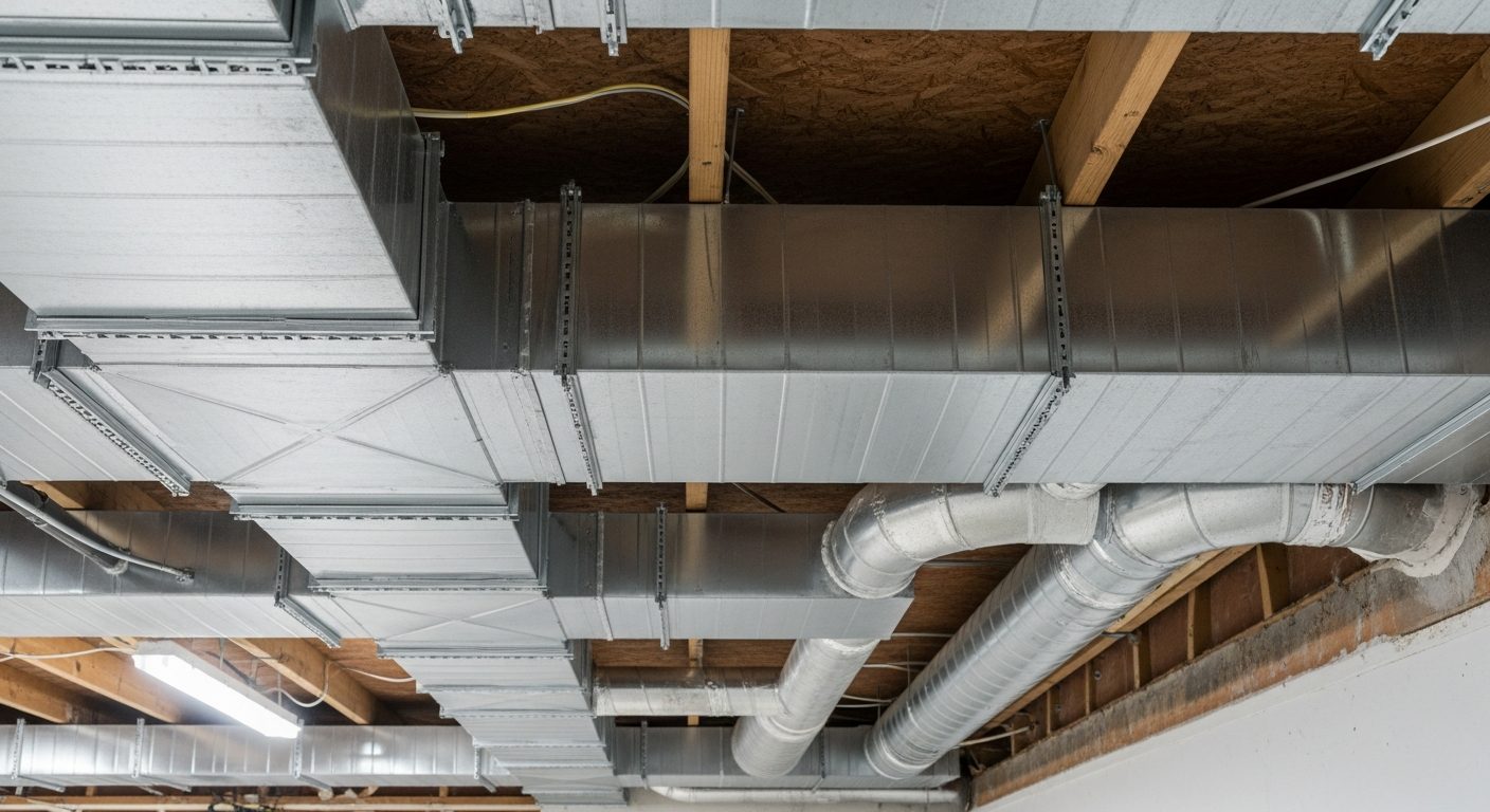 Newly installed silver galvanized HVAC ductwork in a residential ceiling