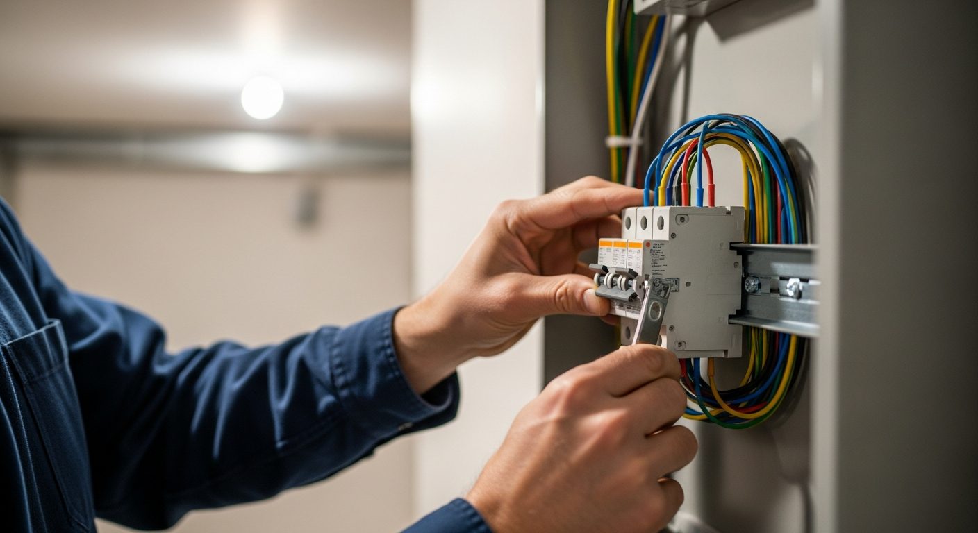 Electrician installing a circuit breaker for a residential EV charger